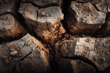 Fototapeta premium Dry and cracked earth surface showing signs of drought and soil erosion in an arid landscape during late afternoon sunlight