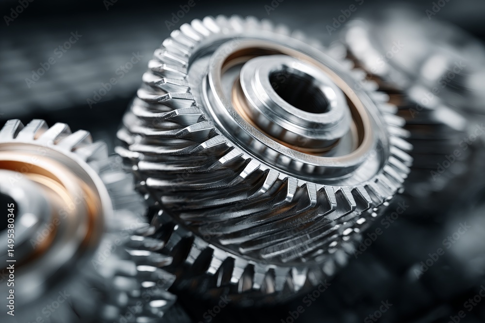 Poster close-up view of intricate metal gears showcasing precise engineering and craftsmanship in a manufac