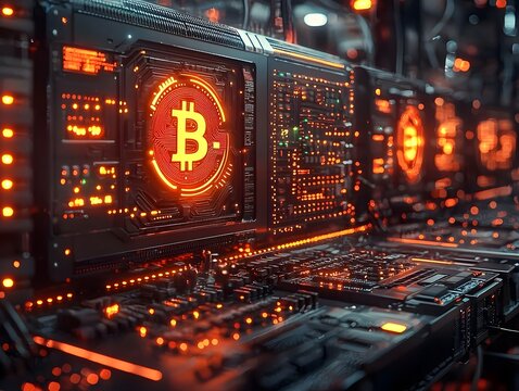 Glowing cryptocurrency mining farm with high performance computers