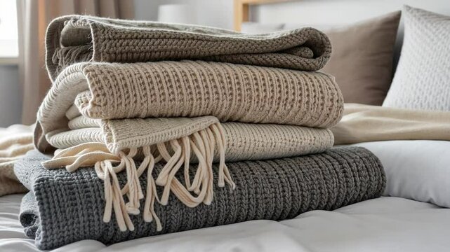 Cozy stacked blankets on a neatly made bed with soft lighting and a serene atmosphere