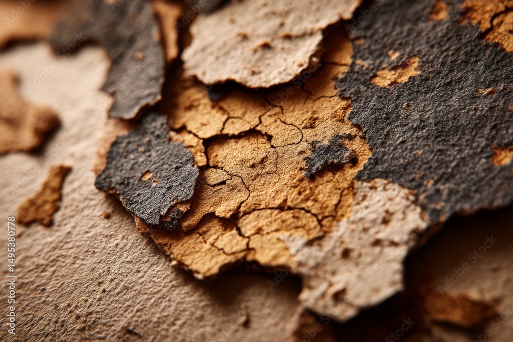 Poster textured surface shows cracked and peeling layers of paint and wood in soft natural light highlighti