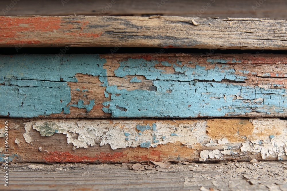 Poster Peeling paint layers on aged wooden planks create a textured display of color and history in a rustic setting