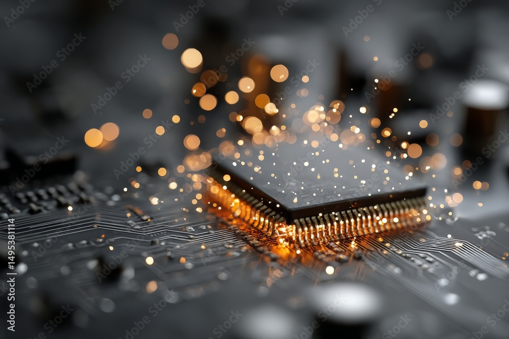Leinwandbilder microchip on circuit board illuminated by golden sparks during innovative tech demonstration in a mo