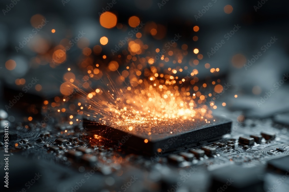 Poster close-up of a computer chip with sparks and light during a tech experiment in a dimly lit lab