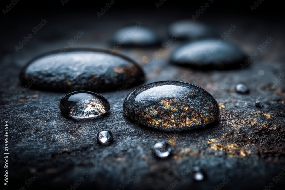 Poster water droplets on smooth black stones create a serene and calming atmosphere in a quiet natural sett