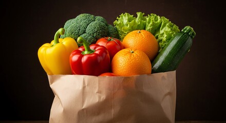 Fresh vegetables and fruits overflowing from a paper bag creating a colorful and healthy display of produce for a balanced diet and lifestyle