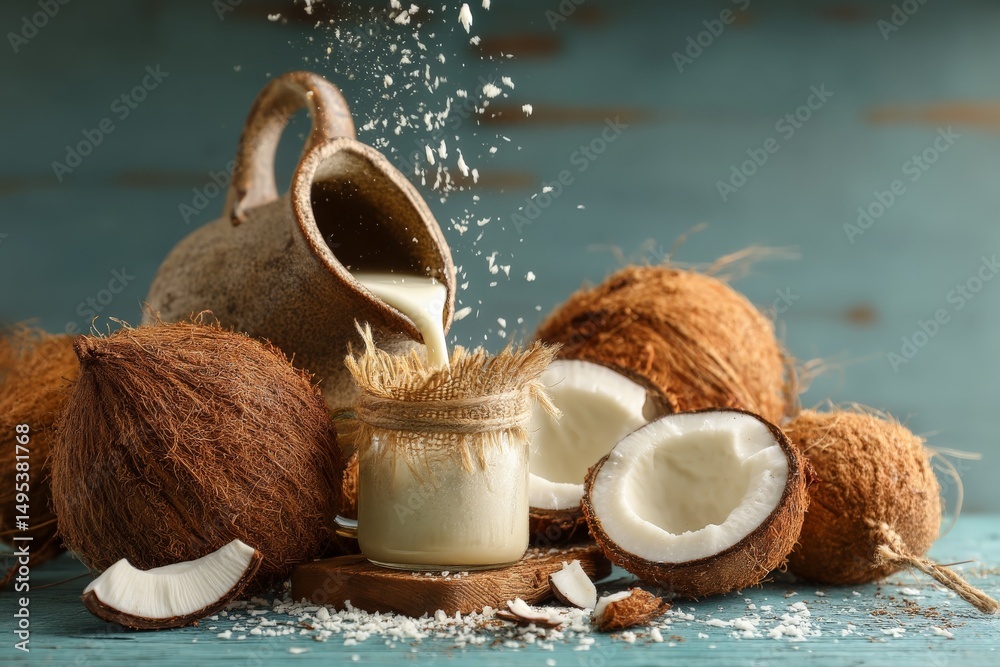 Poster Coconut milk and coconuts create a vibrant tropical display on rustic wood background