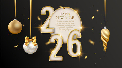 2026 Happy New Year Realistic 3d Number Golden Text Banner with Christmas Decorations Frame Confetti Background Greeting Invitation Luxury Vector