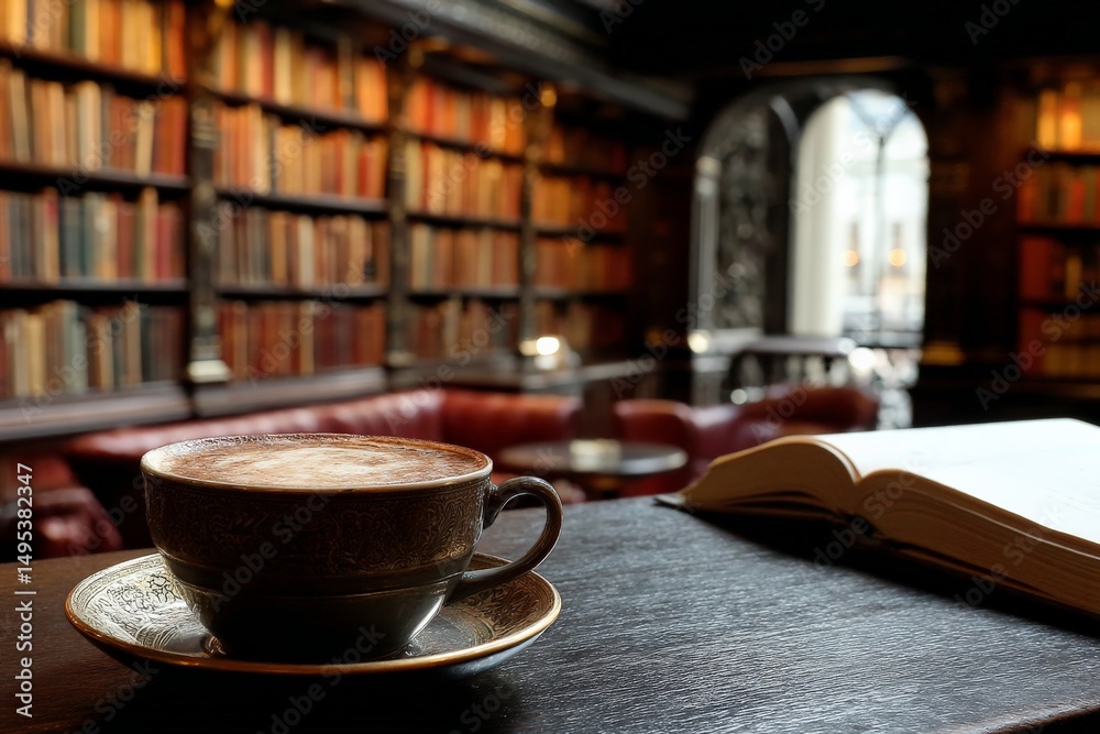 Poster cozy coffee break in a library with books and quiet ambiance perfect for reading