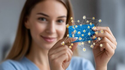 Payment Tech: A radiant woman holds a credit card superimposed with a network of interconnected digital nodes, reflecting the future of secure transactions and the seamless flow of finance. - Powered by Adobe