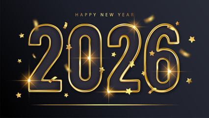2026 Happy New Year Realistic 3d Number Golden Text Banner Background Star Confetti Greeting Invitation Luxury Vector