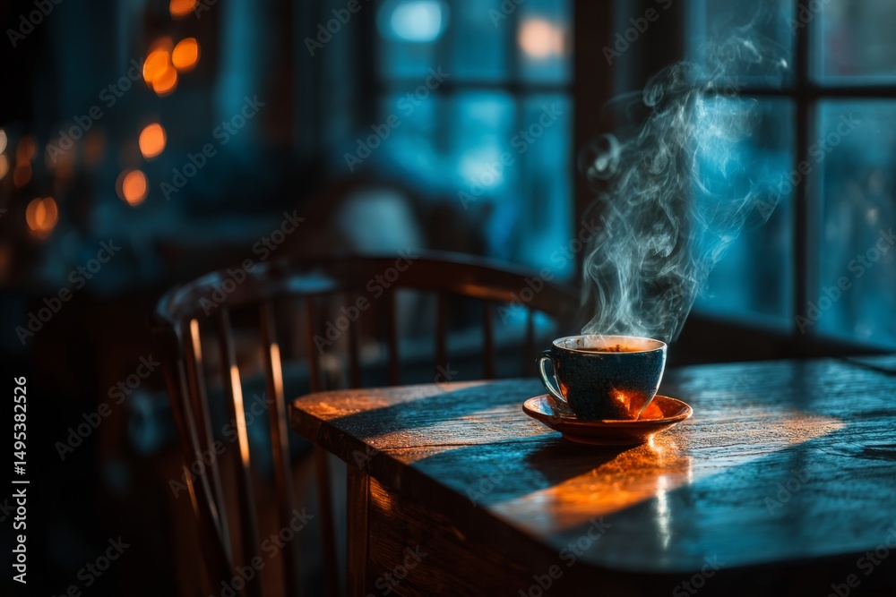 Aufkleber cozy coffee moment in a warm cafe during a chilly evening with soft light creating a serene atmosphe