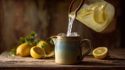 Rustic stoneware pitcher pouring ice-cold lemonade