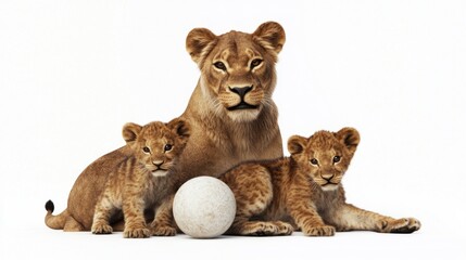 Obraz premium Lioness with cubs, playful ball, white background, wildlife photography, zoo