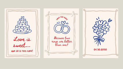 Doodle Wedding Sketch Card Set Love Romantic Hand Drawn Chalk Greeting Banner Vintage Vector Save The Date Rings Bouquet Cake Event