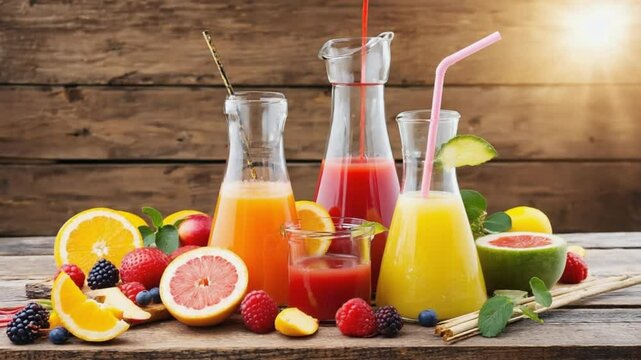 Assorted fresh fruit juices with summer fruits on wooden table. 