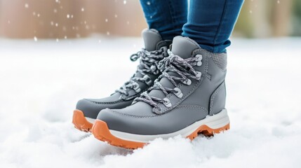 Stylish Grey Hiking Boots in Snowy Winter Landscape with Frosty Background