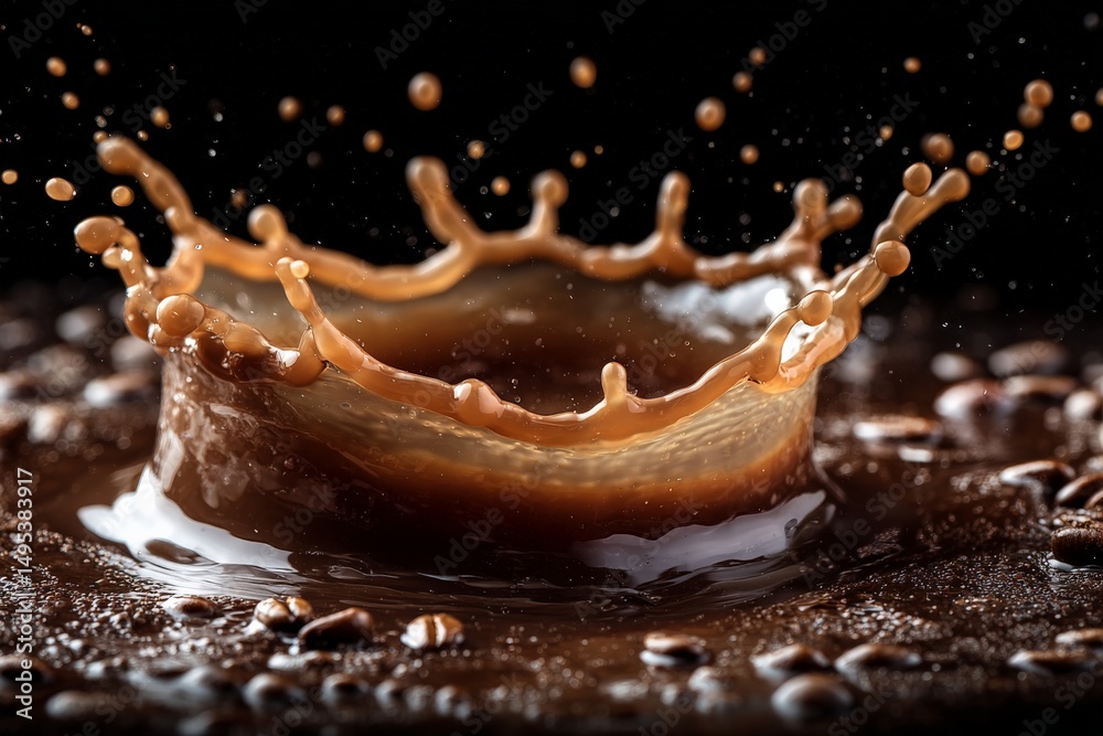 Poster Coffee splash captures dynamic moment in dark setting with rich detail and texture surrounding the liquid