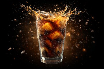 Refreshing cold beverage splashes in glass with ice and coffee beans in dark setting