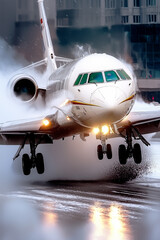 Fototapeta premium Passenger jet with lights on, creating large spray on a wet runway during rainy conditions.