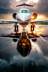 Private jet with striking reflection on a wet runway during a dramatic sunset or sunrise.