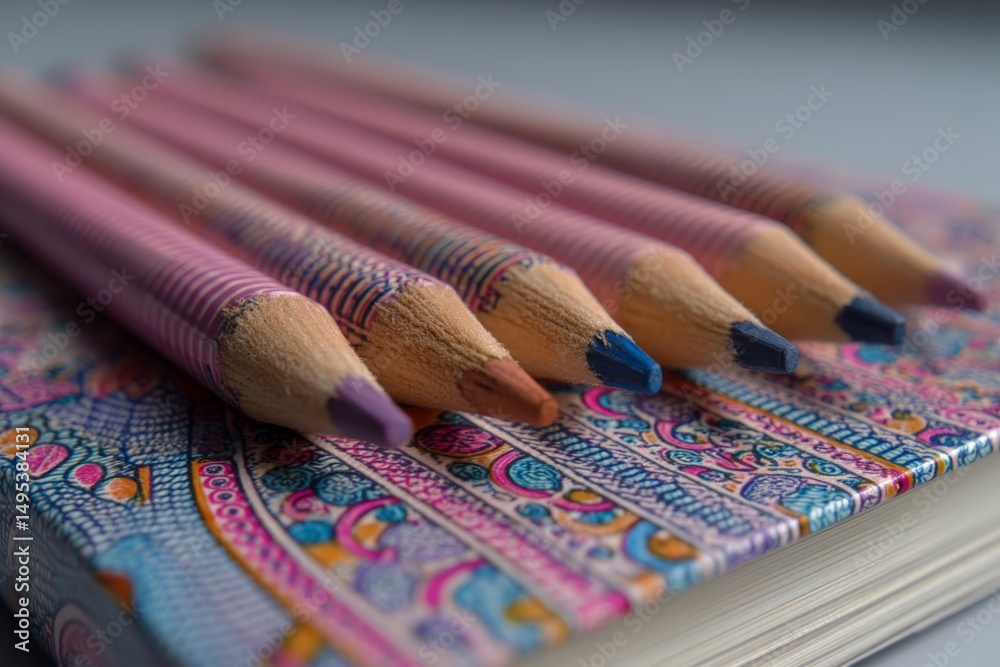 Poster colorful pencils arranged on a detailed notebook surface in soft lighting during a creative workspac