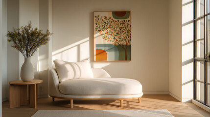 A serene corner featuring a light gray chaise lounge, pastel art piece on a white wall, diffused window light casting soft shadows on the floor 12051782 1