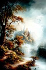 Fototapeta premium Majestic fantasy castle in the clouds viewed from an autumn forest path beside a tranquil river