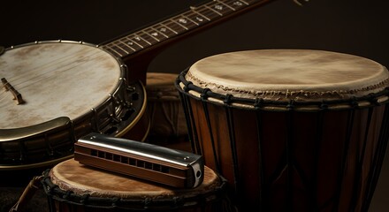 Obraz premium Intimate Still Life: Harmonica, Banjo & Djembe Drums Displayed in Warm, Moody Lighting for Musical Inspiration and Cultural Appreciation, Expressive Storytelling
