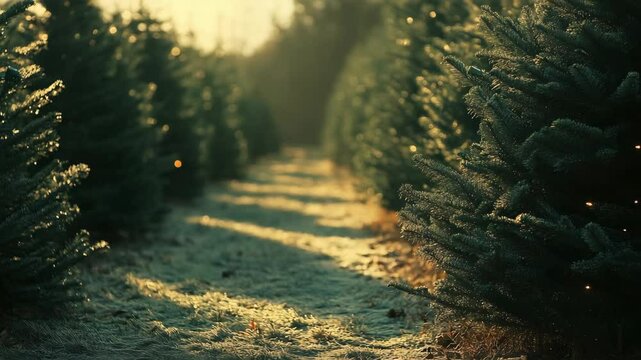 Frosty trees on a Christmas tree farm in the winter
