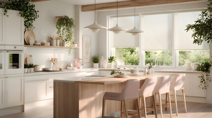A modern kitchen in white and light oak, with pastel pink appliances and neutral decor, sunlight entering through sheer blinds with soft shadow play 63645087 1