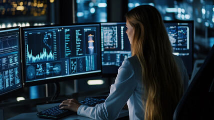 A woman monitors complex data in a control room, illuminated by computer screens and blue lights.