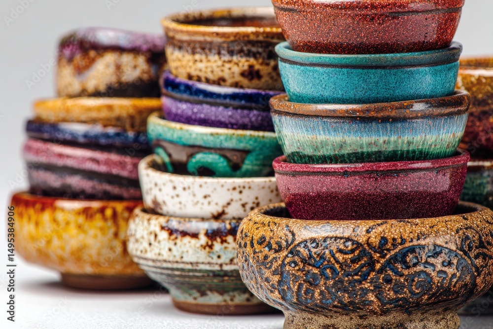 Poster colorful stacked ceramic bowls showcasing unique glazes and patterns from a pottery studio