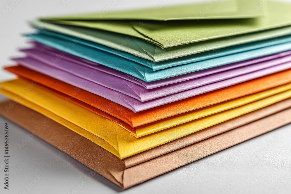 Poster colorful stack of envelopes arranged neatly in vibrant hues, showcasing creativity and organization 