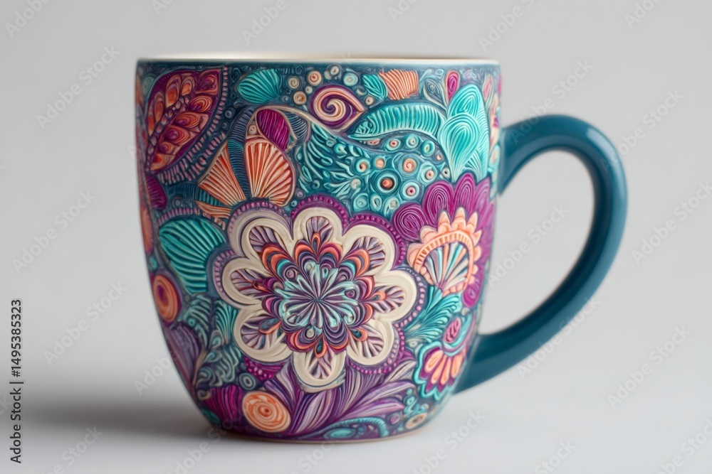 Poster Colorful ceramic mug with intricate floral design and teal handle displayed on a neutral backdrop