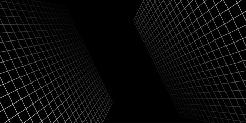 Minimalist 3D grid frame vector tunnel illustration retro futurism brutalism poster background, empty frame concept black and white