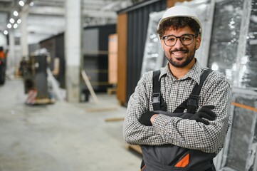 Smiling arab construction worker posing with crossed arms in modular house production workshop