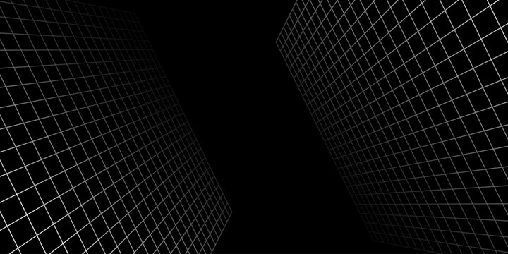 Minimalist 3D grid frame vector tunnel illustration retro futurism brutalism poster background, empty frame concept black and white