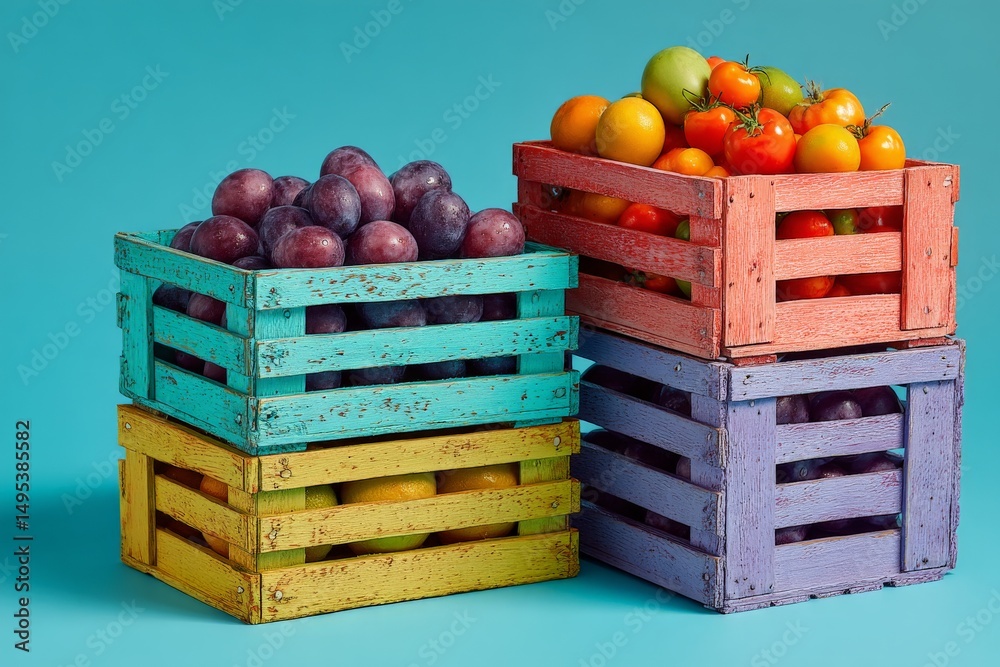 Poster colorful fruit crates stacked on a turquoise background showcasing fresh produce in a vibrant arrang