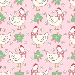 Charming Chicken Blossom Pattern. Pink Hen Floral Delight. "Strawberry Bow Chicken Design © Анастасия Рафалко
