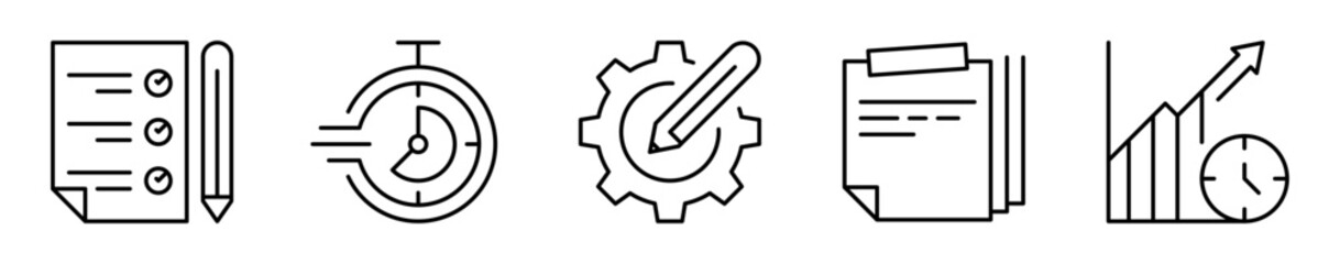 Conjunto de iconos de herramientas de productividad. Organización, eficiencia y mejora del rendimiento. Lista de tareas, cronómetro veloz, configuración, notas múltiples, gráfica creciente