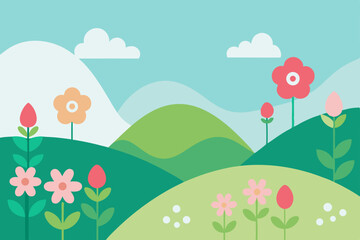 spring landscape with flowers and butterflies