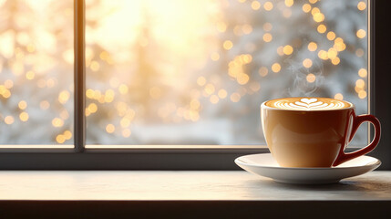 Warm coffee cup on window sill cozy indoor setting seasonal vibe with soft lighting inviting atmosphere capturing morning serenity