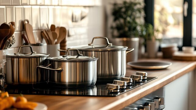 Stainless steel pots sit on a black stovetop, with wooden counters. Great for illustrating home cooking, food blogs, and kitchen appliances.