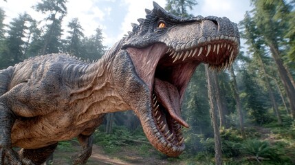 Obraz premium Roaring Dinosaur in a Prehistoric Forest A Dramatic Close Up of a Mighty Jurassic Beast