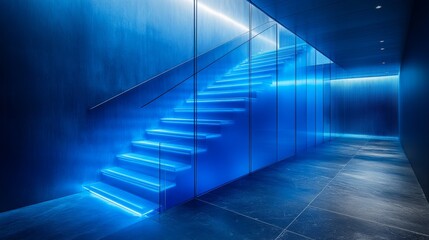 Obraz premium A glowing blue-lit staircase rises, enhancing the serene ambiance of a minimalist space