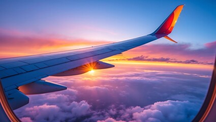 Fototapeta premium Beautiful sunset, sky on the top view, airplane flying view from inside window aircraft of Traveling.