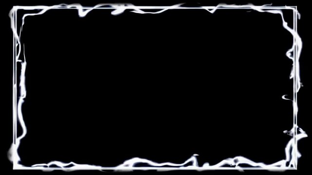 Abstract white rectangular frame Portal with glowing white energy lines and lightning isolated on black background, transparent chroma key alpha matte overlay VFX	