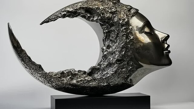 Abstract sculpture of a moon-faced figure with intricate textures and metallic finish