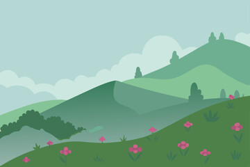 Obraz premium foggy hillside covered in blooming wildflowers 